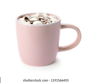 Cup Of Chocolate Milk With Marshmallows Isolated On White