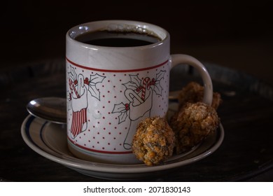 Cup Of Christmas Coffee And Some Hot Cheesy Sausage Balls.