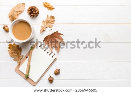 Cup of cocoa with autumn leaves abstract still life top view vith copy space.