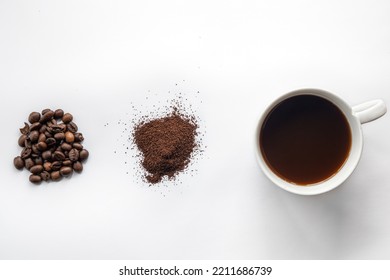 Cup Of Coffee And Coffee Beans, Flat Lay.