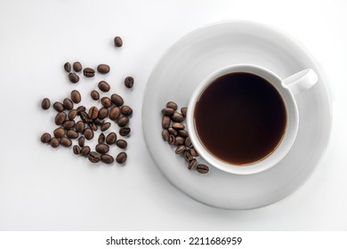 Cup Of Coffee And Coffee Beans, Flat Lay.