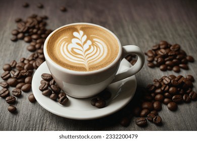 Cup of coffee with coffee beans near it on old wooden table - Powered by Shutterstock