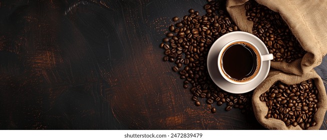 cup of coffee and beans on dark background, top view
