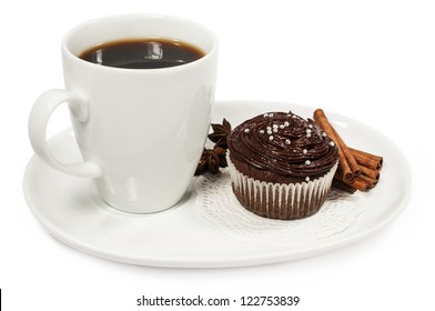 Cup Of Coffee And Chocolate Cake Isolated On White