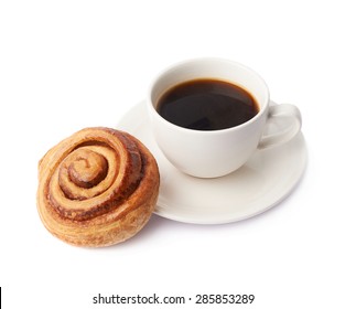 Cup Of Coffee And Cinnamon Roll Bun Pastry Composition Isolated Over The White Background