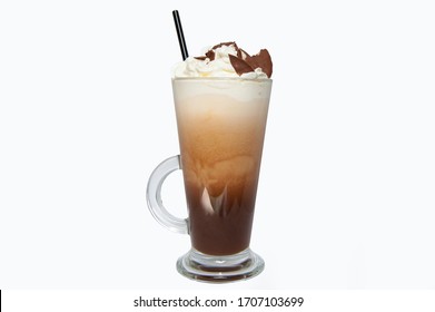 Cup Of Coffee In Clear Long Glass. Isolated. Latte With Ice Cream And Cookies And Straw