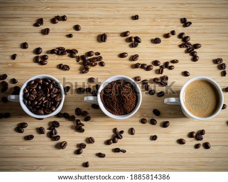 Cup of Coffee, Coffeebeans and Coffeepowder