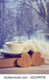 Cup Of Coffee And Cookies Valentines On Background Of A Winter Window. Tinted.