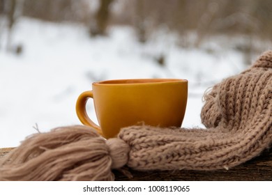 Cup of coffee and cozy knitted scarf on the background of the winter forest - Powered by Shutterstock