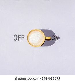 Cup of coffee creative concept flat lay with copy space.