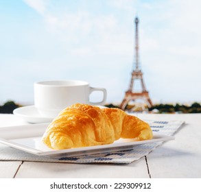 Cup Of Coffee And Croissant In Paris. French Cafe.