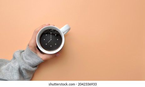 A Cup Of Coffee With A Drawing Of The Clock Showing 8 Am. Morning Coffee
