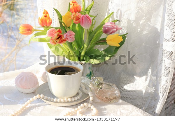 Cup Coffee Flowers On Light Background Stock Photo Edit Now