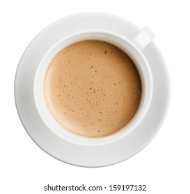 Cup Of Coffee With Foam Isolated On White, All In Focus, Top View