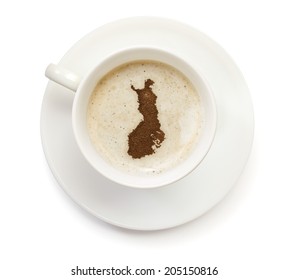 A Cup Of Coffee With Foam And Powder In The Shape Of Finland.(series)