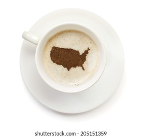 A Cup Of Coffee With Foam And Powder In The Shape Of USA.(series)