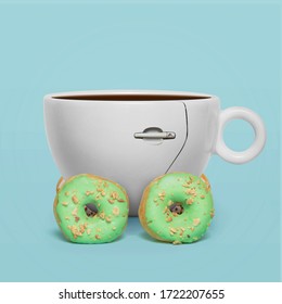 A Cup Of Coffee In The Form Of A Car On Wheels Made Of Donuts, A Cheerful Morning Concept On A Gently Blue Background. Coffee And Donuts In The Morning