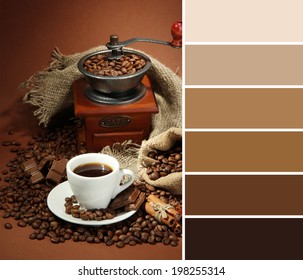 Cup Of Coffee, Grinder, Turk And Coffee Beans On Brown Background. Color Palette With Complimentary Swatches