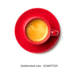 Cup of coffee isolated on white background, top view.
