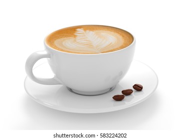 Cup of coffee latte and coffee beans isolated on white background