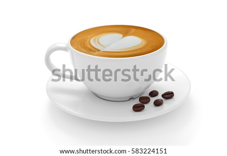 Cup of coffee latte and coffee beans isolated on white background