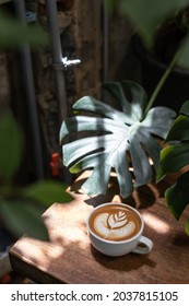 Cup Of Coffee Latte On Wood Bar