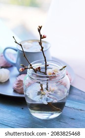 Cup Of Coffee With Meringue, Flowering Cherry Branches In Water In A Glass Jar, Sweet Dessert On A Plate On A Wooden Windowsill, Spring Season, Home Comfort