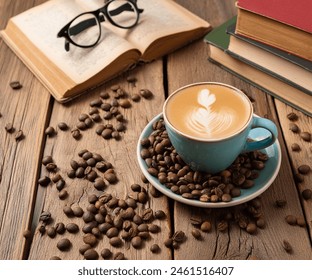 A cup of coffee with milk rests on a rustic wooden table, surrounded by coffee beans, an open book with glasses on top surrounded by books. - Powered by Shutterstock