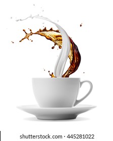 Cup Of Coffee And Milk Splashes Isolated On White