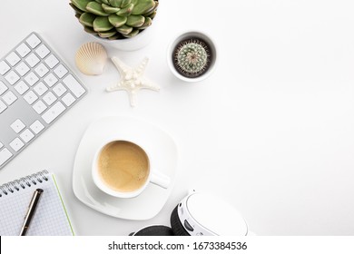 Cup Of Coffee With Office Tools On Light Background, Office Flat Lay