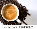 Cup of coffee on the coffee beans background. How to prepare delicious coffee. World coffee day