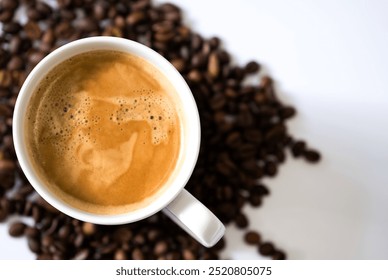 Cup of coffee on the coffee beans background. How to prepare delicious coffee. World coffee day - Powered by Shutterstock