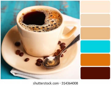 Cup Of Coffee On Color Wooden Background And Palette Of Colors