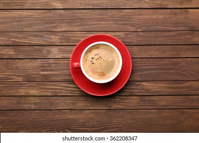 Cup Of Coffee On Wooden Table, Top View