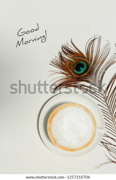 Cup Coffee Peacock Feather Good Morning Royalty Free Stock Image