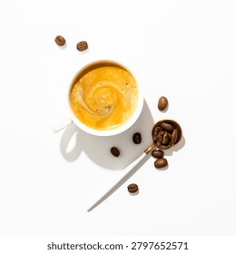 Cup of coffee, roasted coffee beans and filter holder at white background.