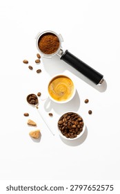 Cup of coffee, roasted coffee beans and filter holder at white background.