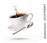 Cup of coffee, saucer and spoon in air on white background