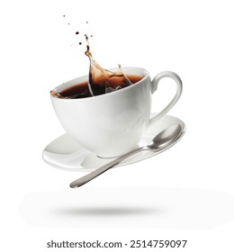 Cup of coffee, saucer and spoon in air on white background - Powered by Shutterstock