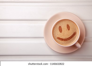 Cup Of Coffee With Smile Face On Foam. I Like Coffee Break. Good Mood.