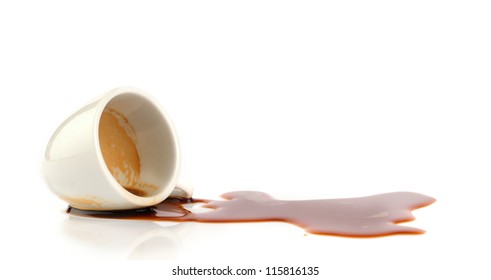 Cup of coffee spilled on white.