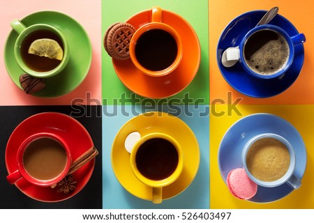 cup of coffee, tea and cacao at colorful background