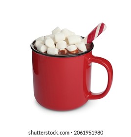 Cup of delicious hot chocolate with marshmallows and candy cane isolated on white - Powered by Shutterstock