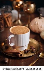 A cup of drink called Salep in a rustic wooden autumn atmospher