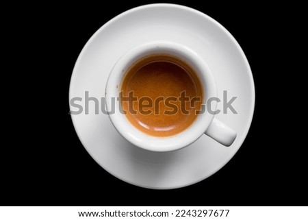 Cup of espresso, Espresso crema, Top view of espresso, isolated on black background, Hot beverage