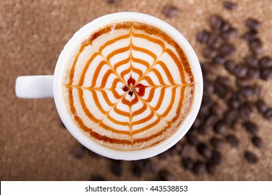 Cup Of A Fresh Caramel Latte With Whipped Cream, Top View 