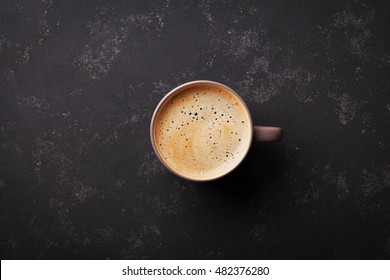 Cup Of Fresh Coffee On Vintage Black Table Top View, Flat Lay