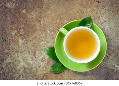 Cup Of Fresh Green Tea, Overhead View, Concept Background