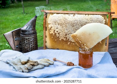 Cup of fresh honey with special beekeeping equipments and honeycomb. Beekeeping concept.