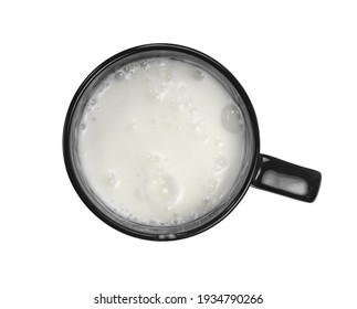 Cup Of Fresh Milk Isolated On White Background. Top View.